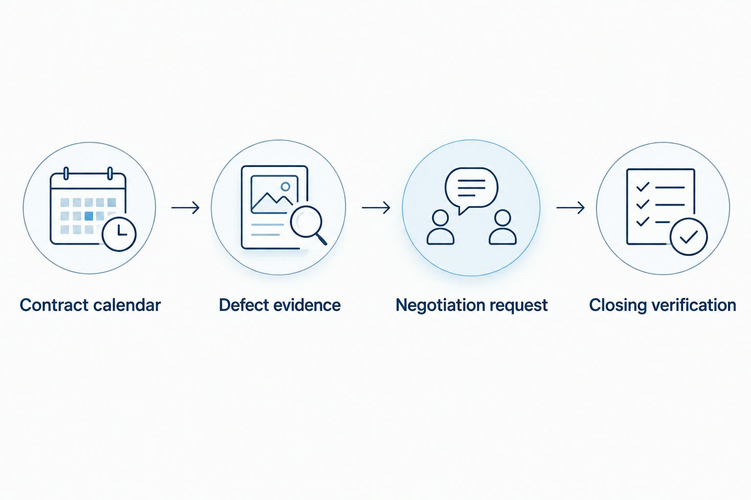 Four stages connecting contract deadlines, inspection evidence, negotiation, and closing verification