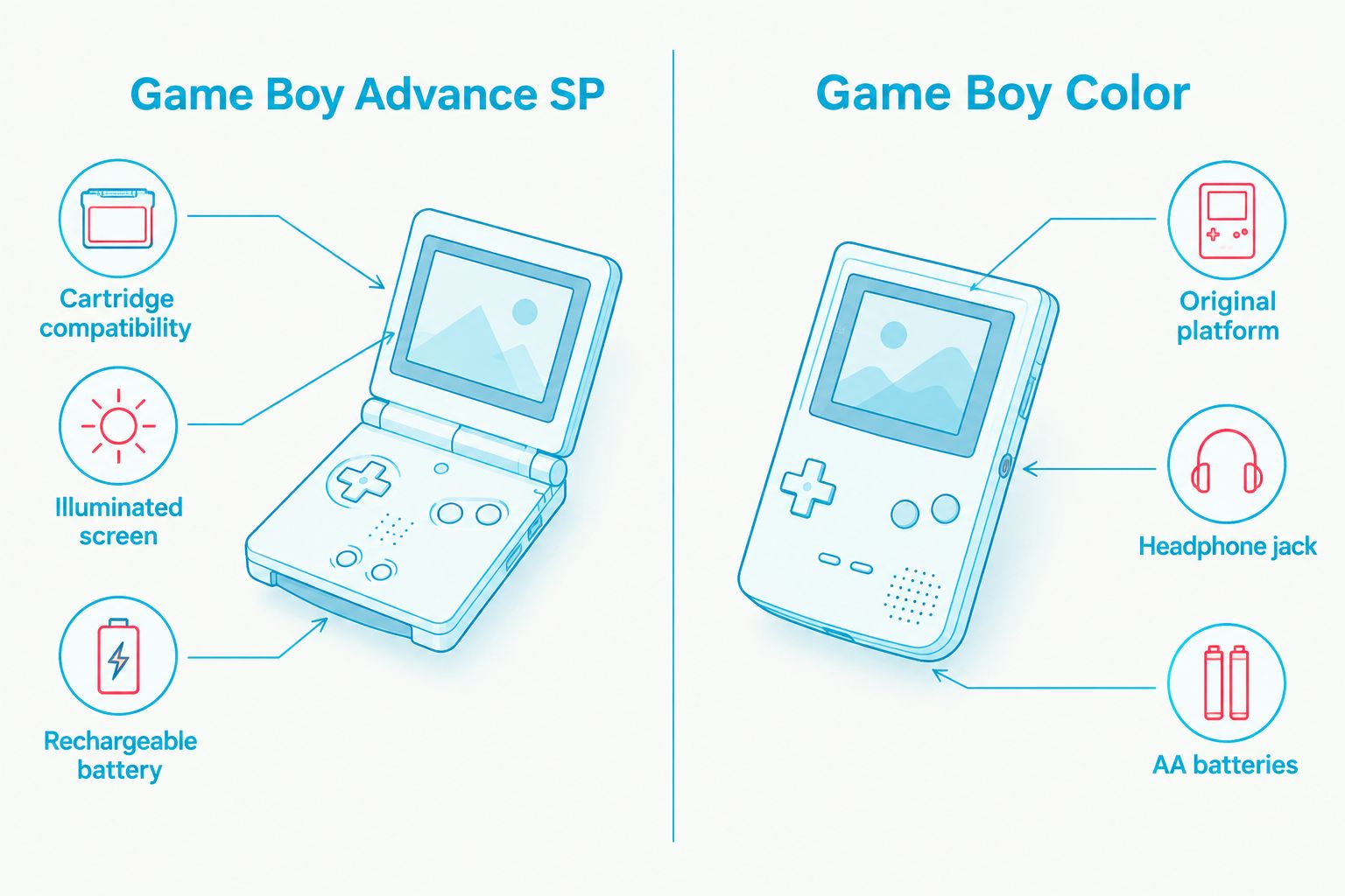 Game Boy Advance SP and Game Boy Color compared by games, screen, power and headphones