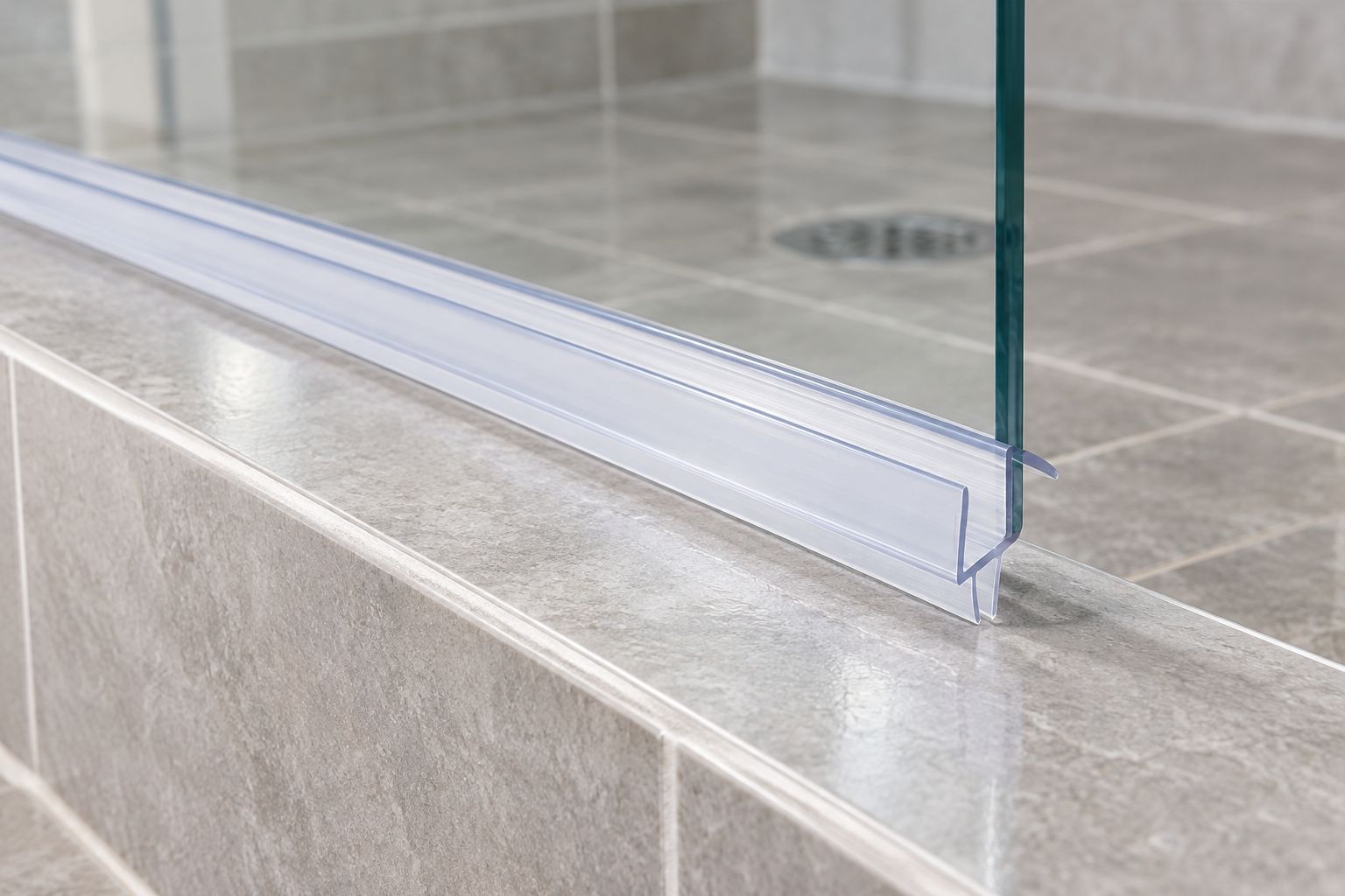 Bottom sweep fitted to a frameless glass shower door above a tiled threshold