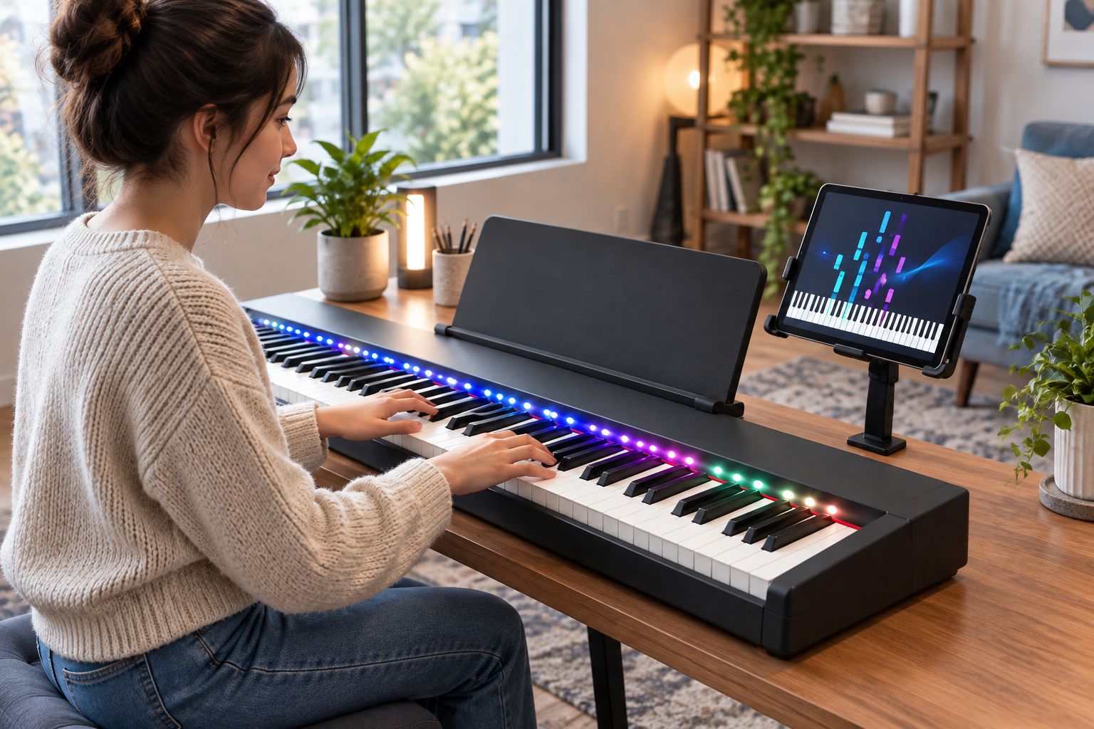 A seated piano learner with an unobstructed keyboard and a tablet positioned beside the music rest