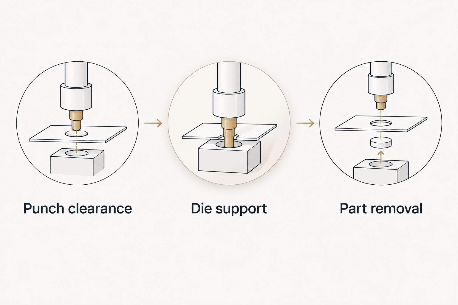Three clearance checks covering the punch, die support and finished-part removal