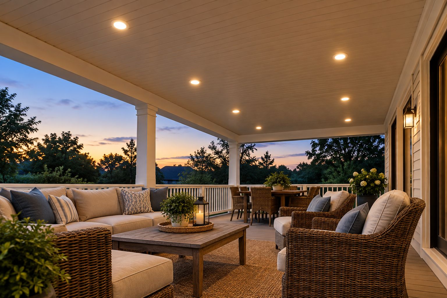 Recessed lights installed flush into a covered porch ceiling