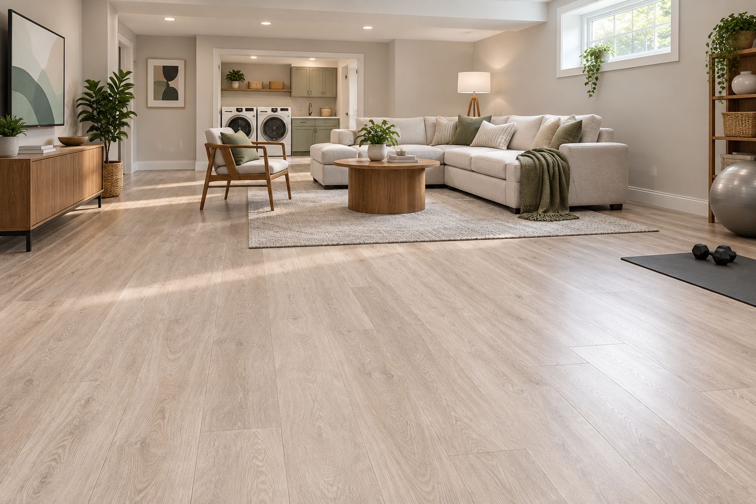 Basement recreation room finished with luxury vinyl plank flooring