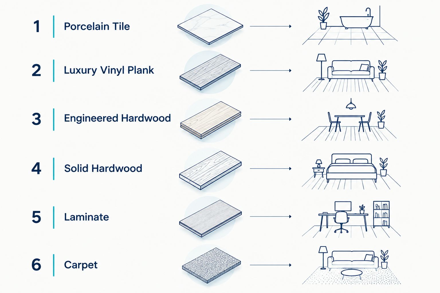 Ranked list diagram of six flooring types from most to least durable