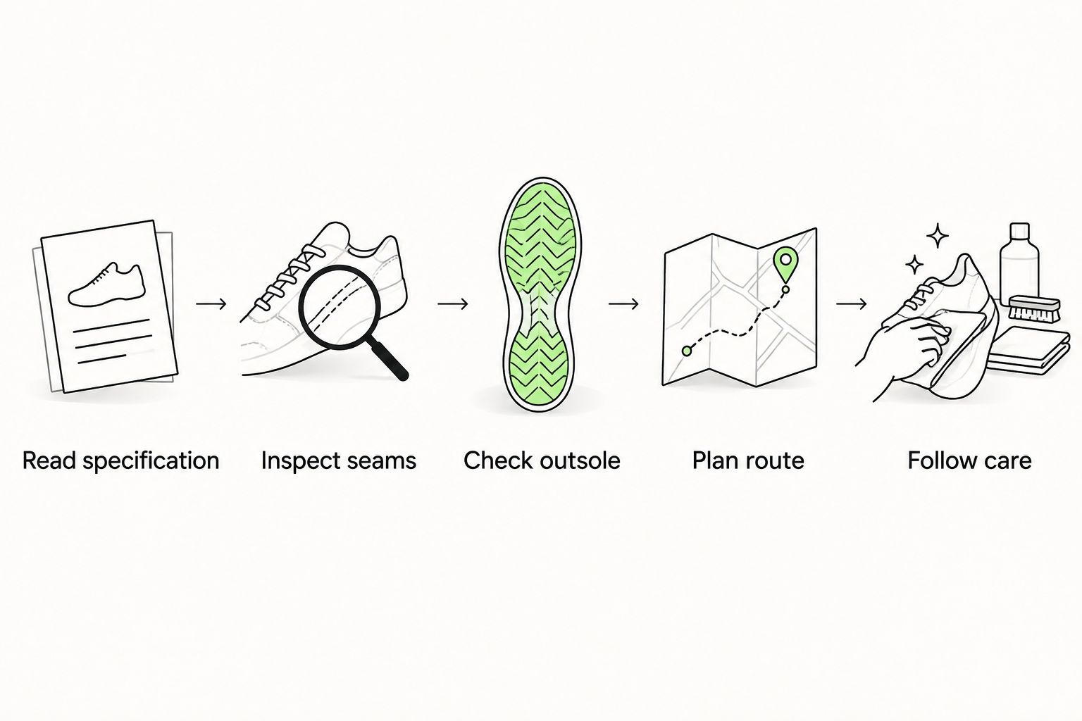 Checks covering specification, seams, outsole, route and care before wearing vegan trainers in rain