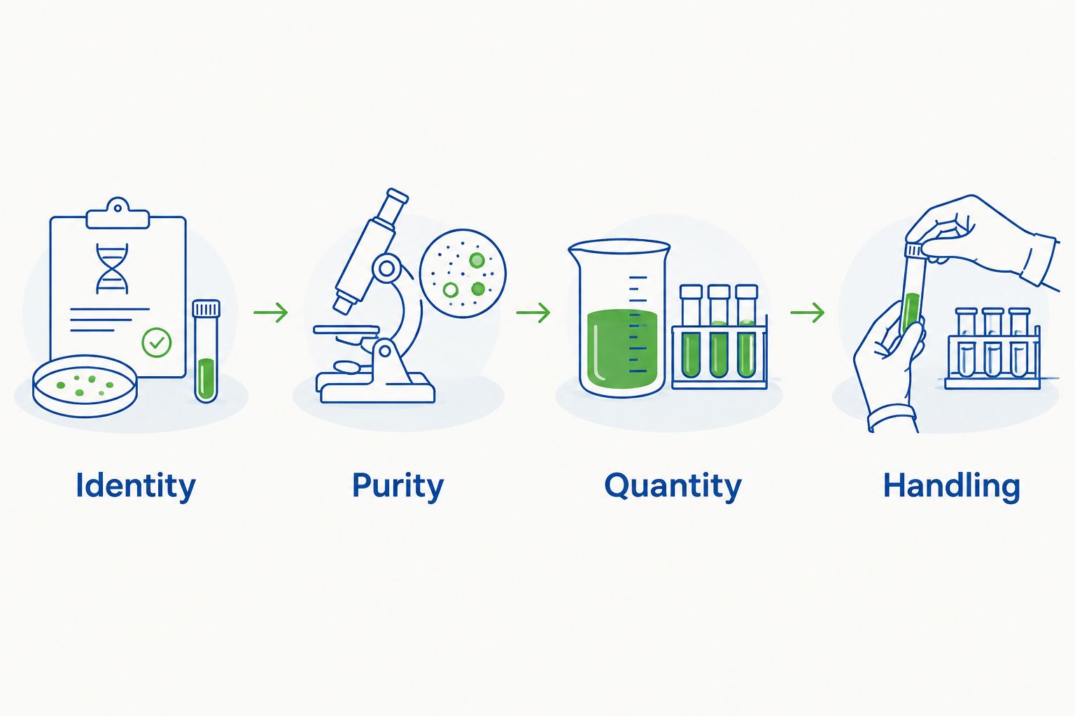 Four qualification checks for a replacement research peptide: identity, purity, quantity, and handling.