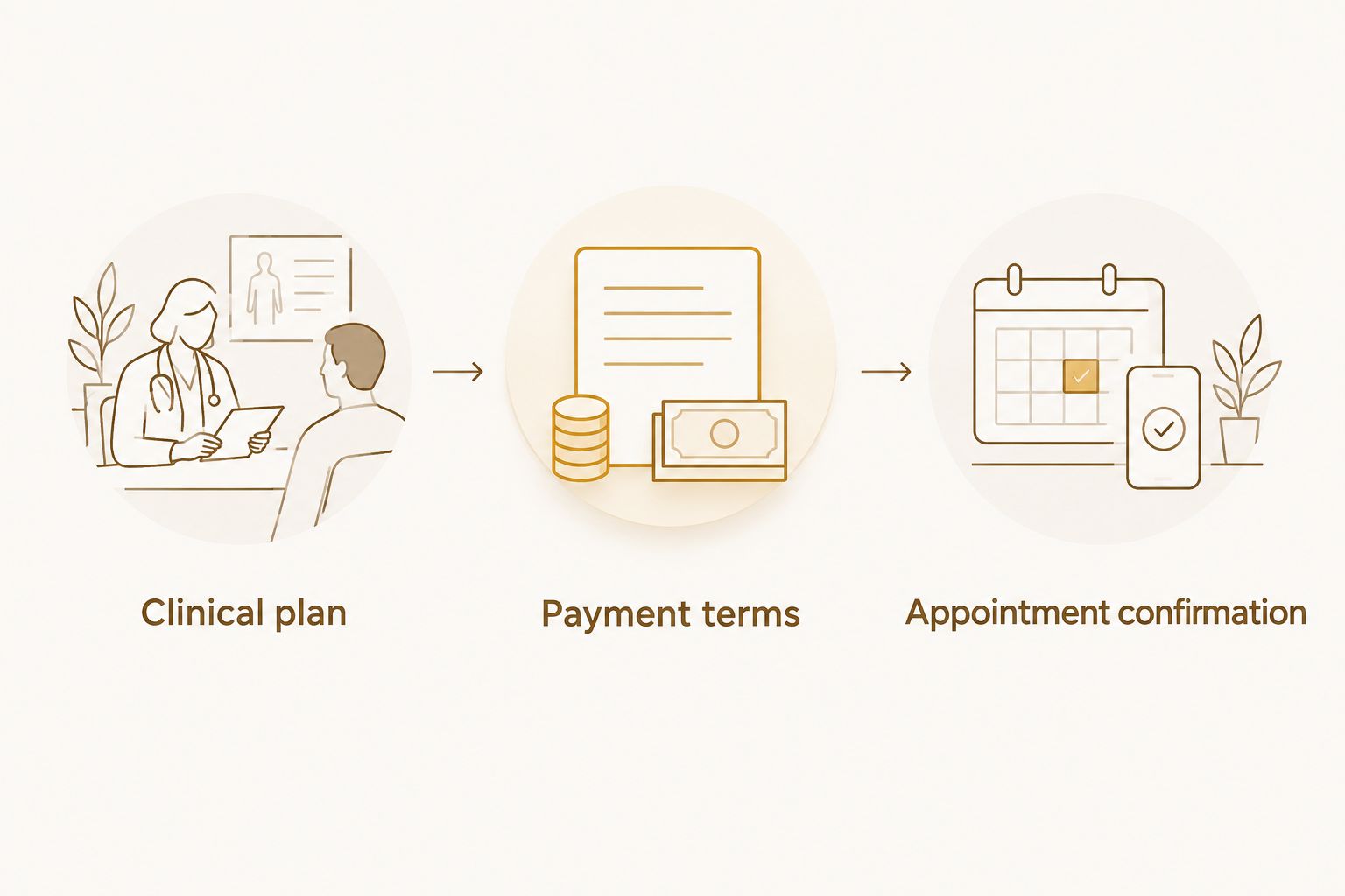 Three checkpoints linking the clinical plan, payment terms, and appointment confirmation