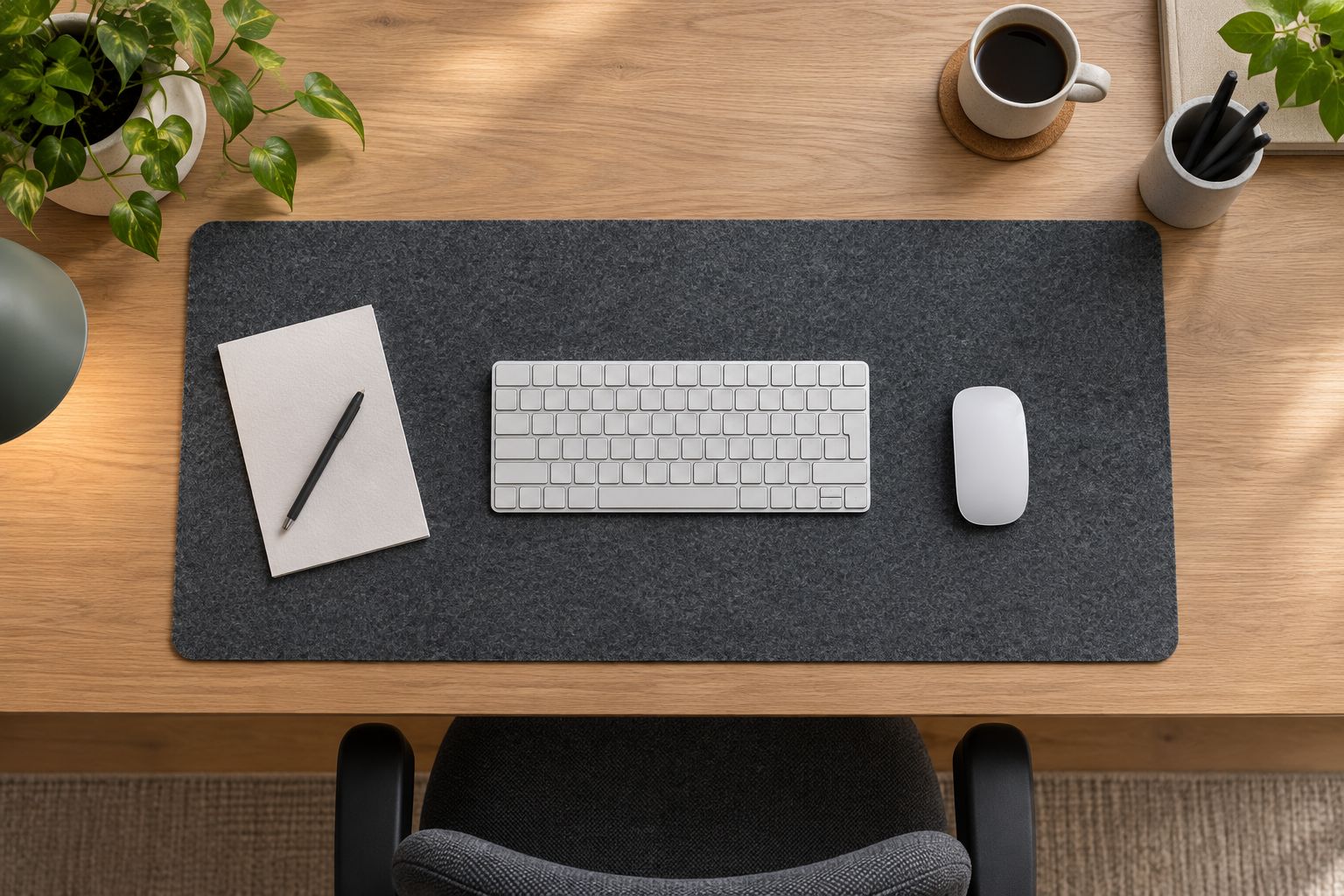 Overhead desk setup showing a felt mat beneath a keyboard beside a mouse and paper