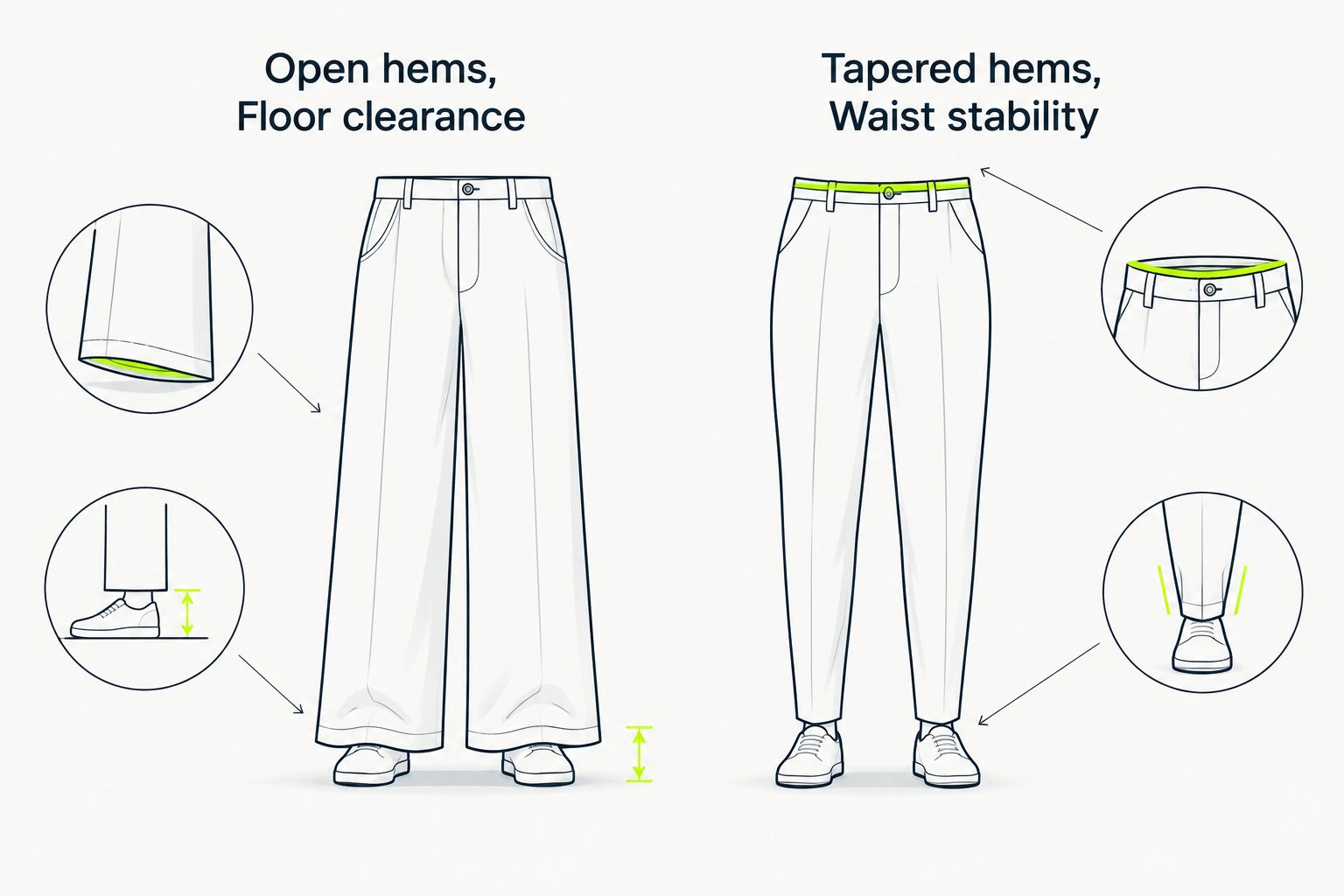 Two-column comparison of open and tapered hems with gym-fit checks