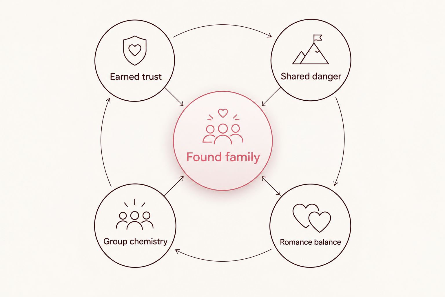 Found family connected to earned trust, shared danger, group chemistry, and romance balance