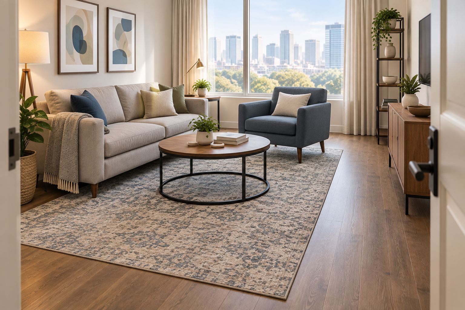 Apartment seating group anchored by a rug with a clear walking route beside it