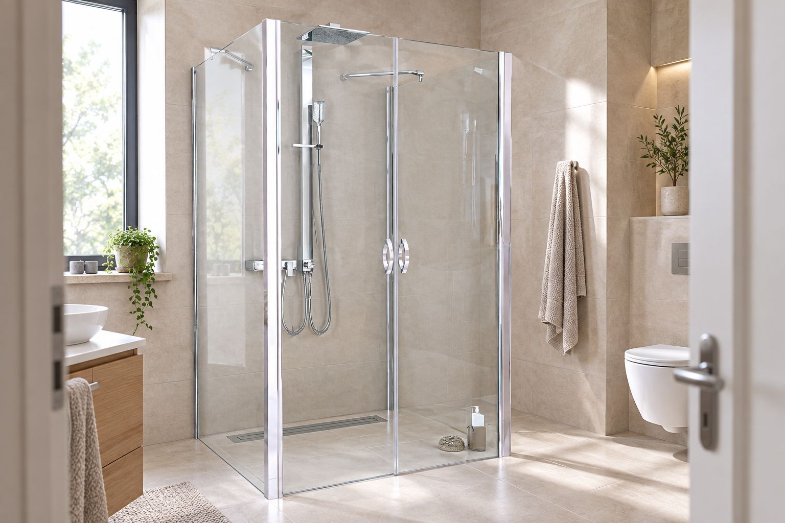 Freistehende U-Dusche mit drei Glasseiten im Bad