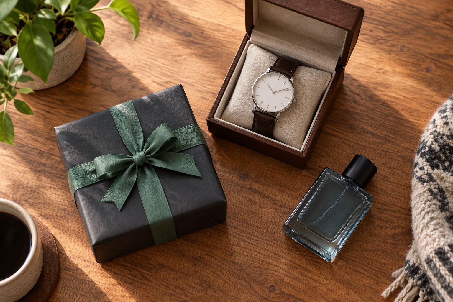 Flat-lay of a wrapped gift box, watch box, and cologne bottle on a wooden table