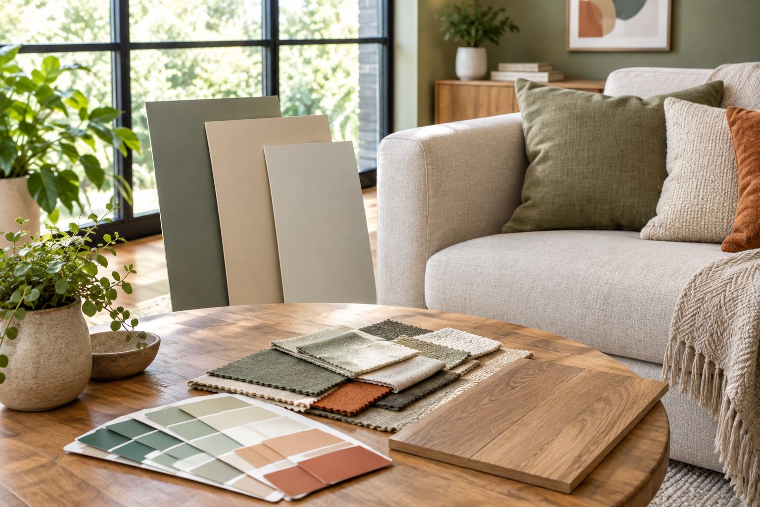 Paint sample boards reviewed beside upholstery, wood flooring, and fabric swatches