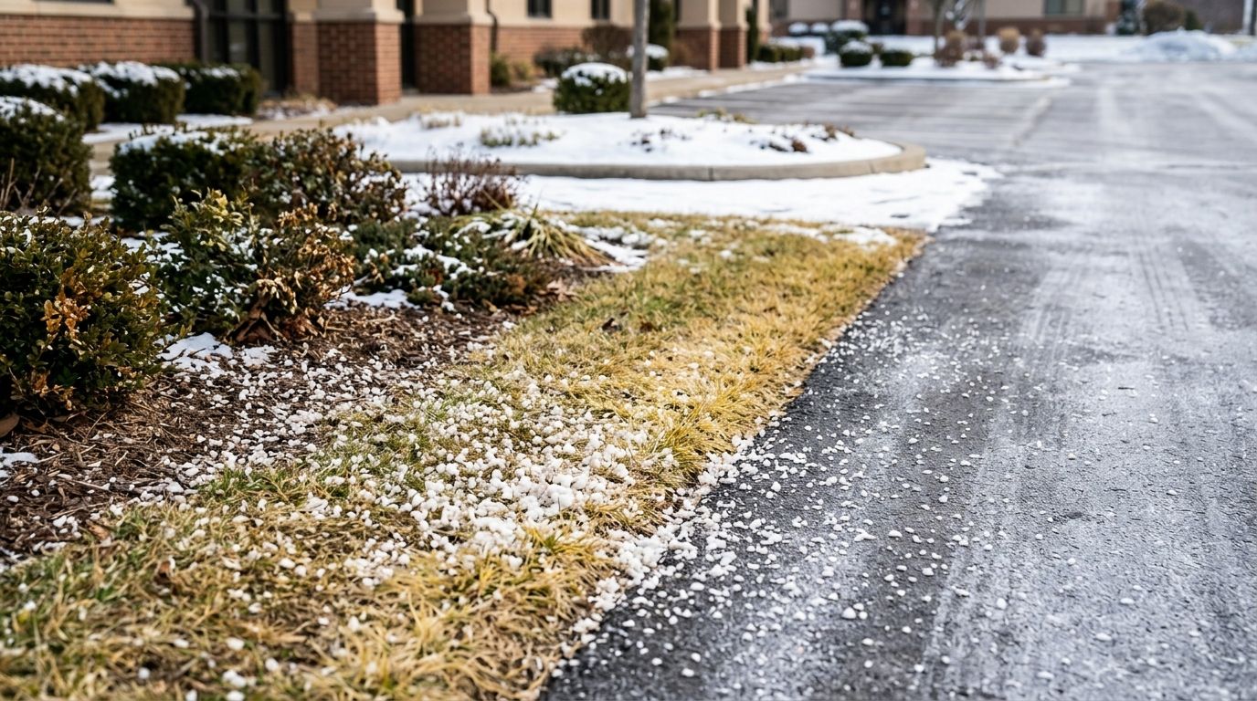 Can de-icing salt damage grass and landscaping near a lot?