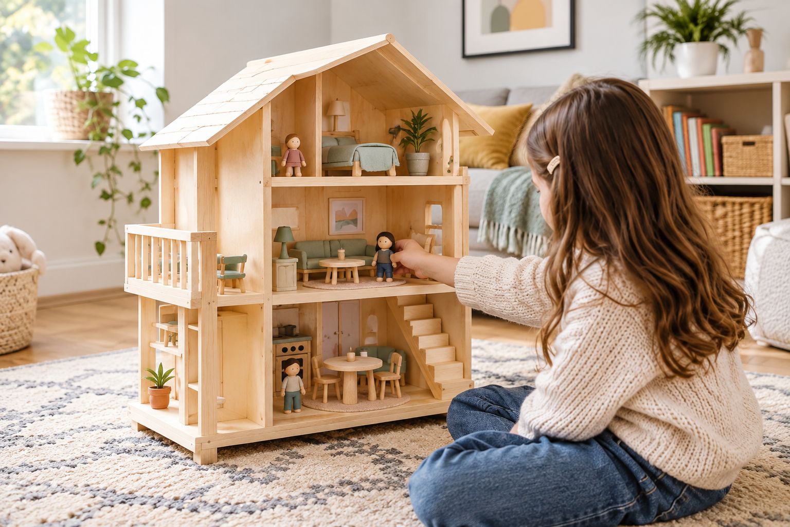 Accessible wooden dolls house with a few figures and furnishings ready for play