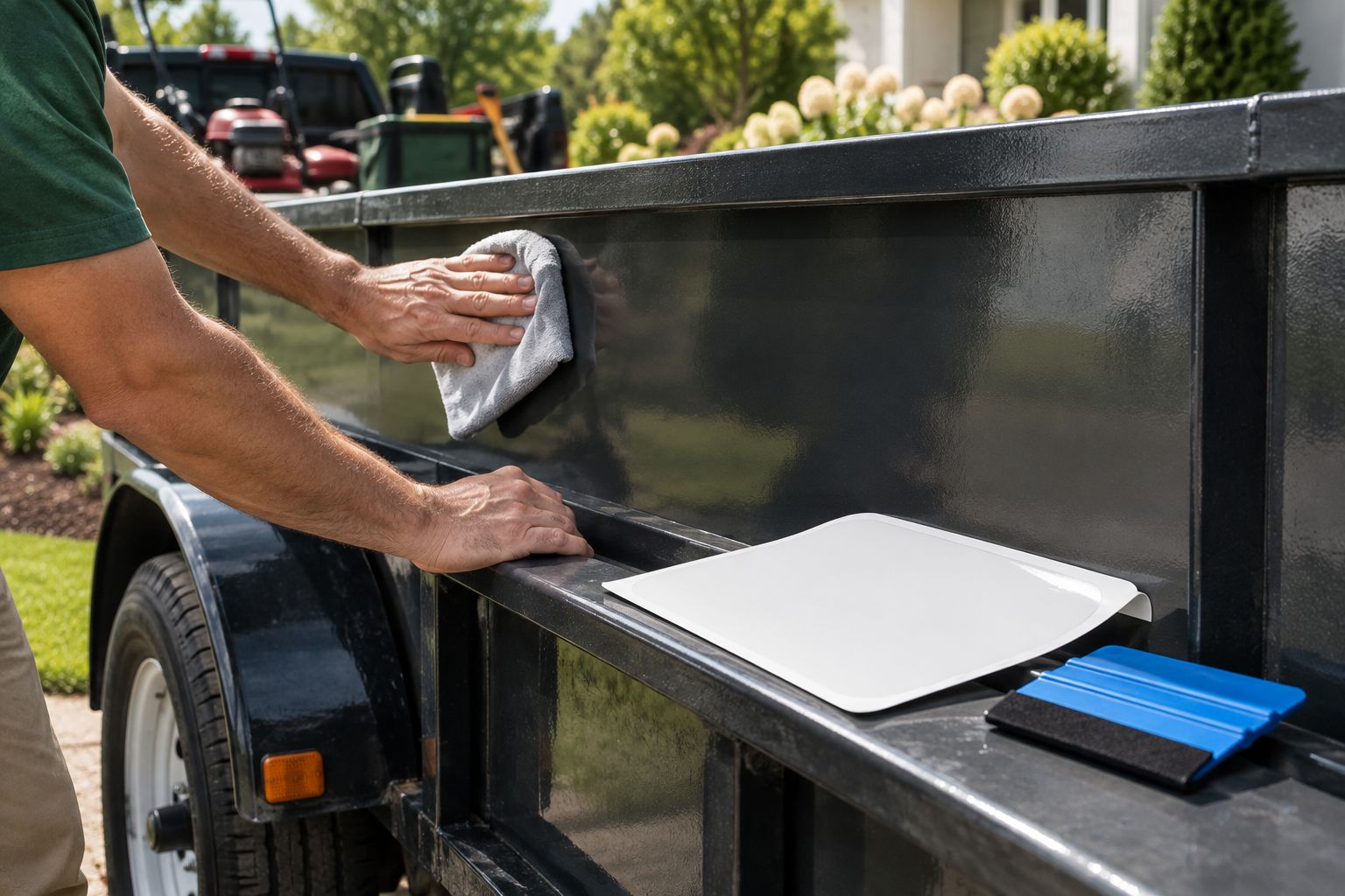 Hands cleaning a smooth trailer panel before applying a decal