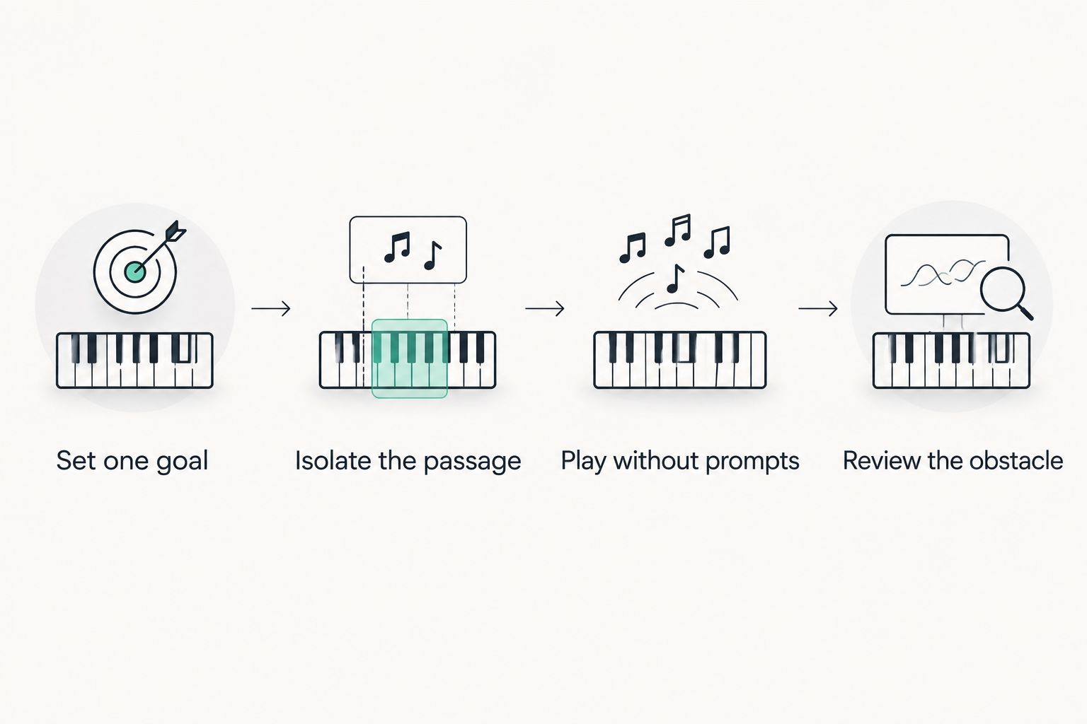 Practice sequence from choosing a goal to reviewing the remaining obstacle