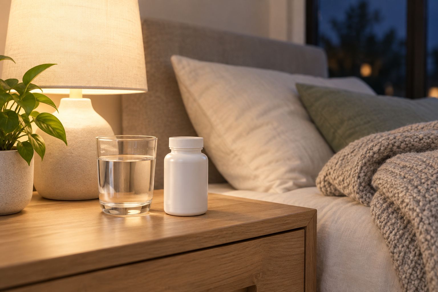 Nightstand scene with a supplement bottle and water glass for a bedtime routine