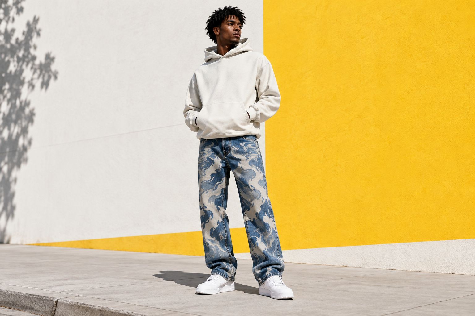 Plain hoodie paired with patterned straight-leg jeans and simple sneakers