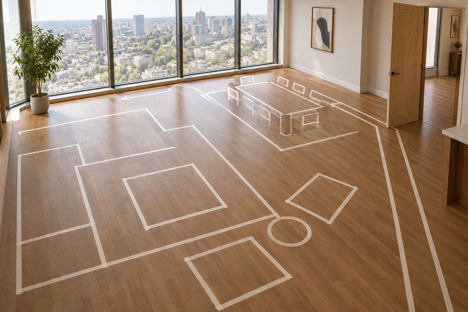 Taped furniture footprints showing a clear route through a residential living and dining room