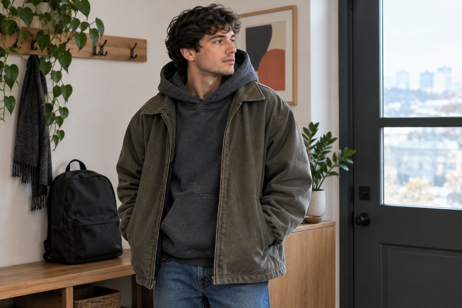 Roomy jacket layered over a substantial hoodie without crowding the shoulders