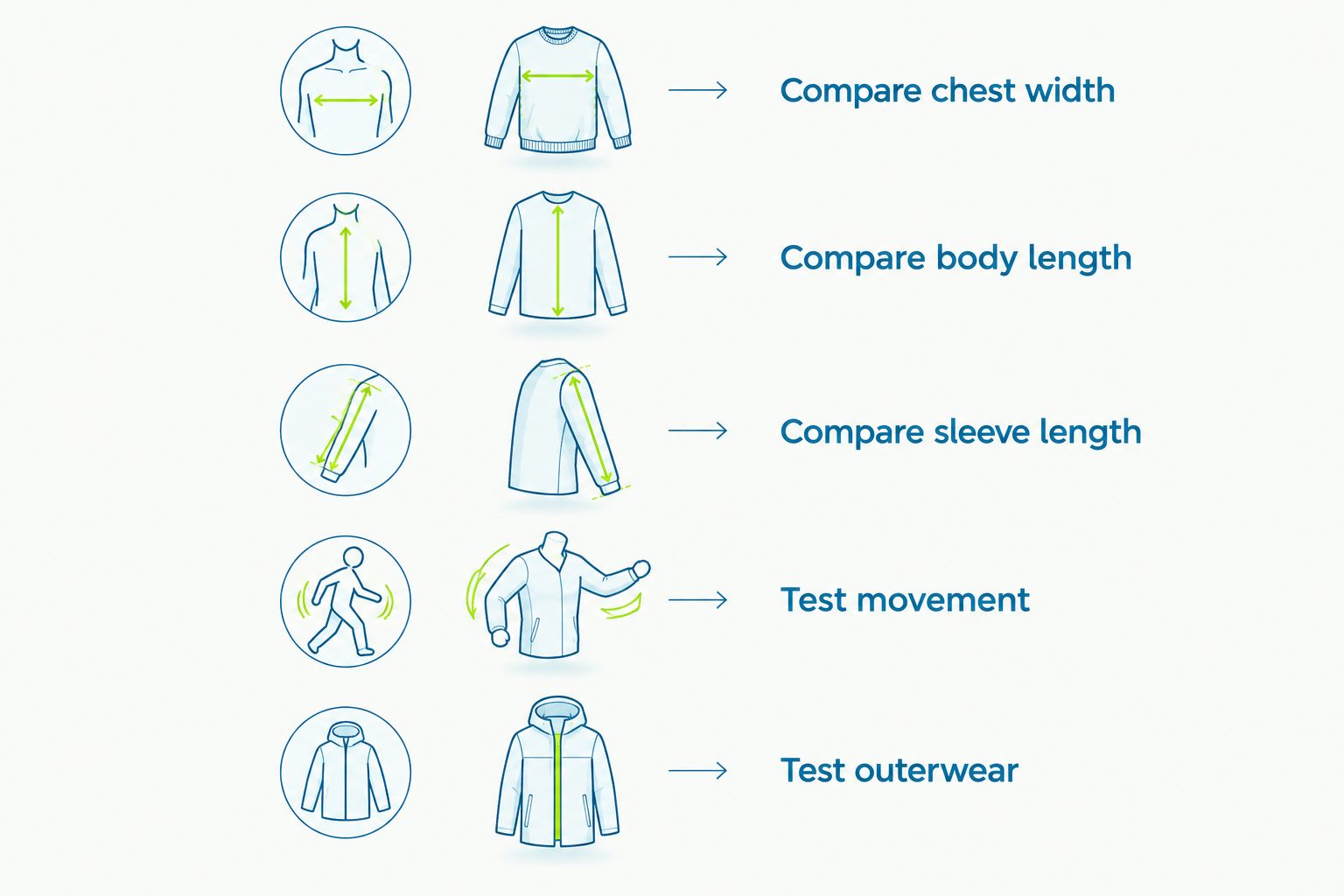 Five fit checks covering chest, body length, sleeves, movement, and outerwear