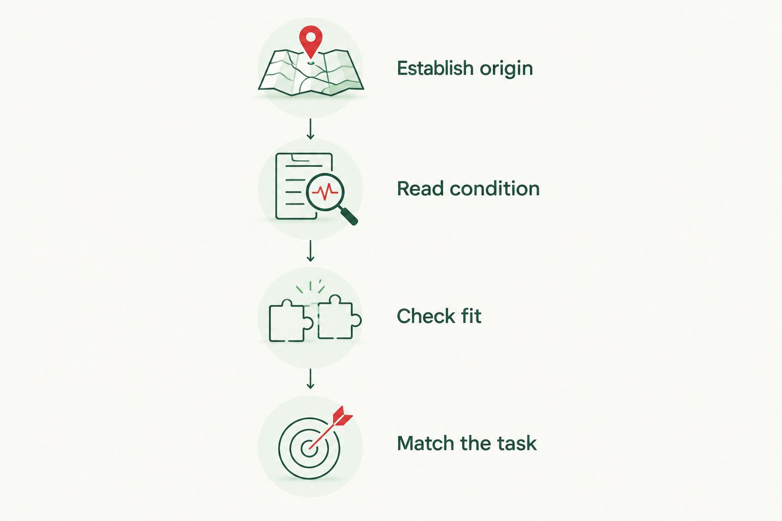 Four checks for comparing surplus listings: origin, condition, fit and intended task