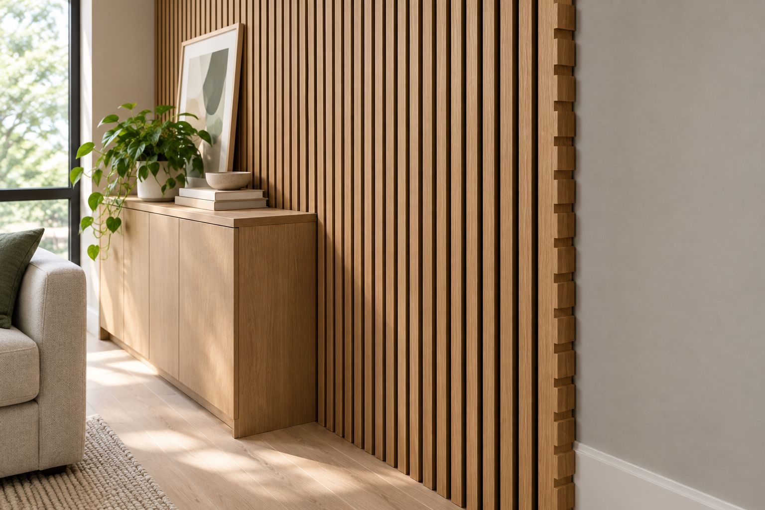 Timber slats meeting a built-in cabinet and painted wall with a visible finished side