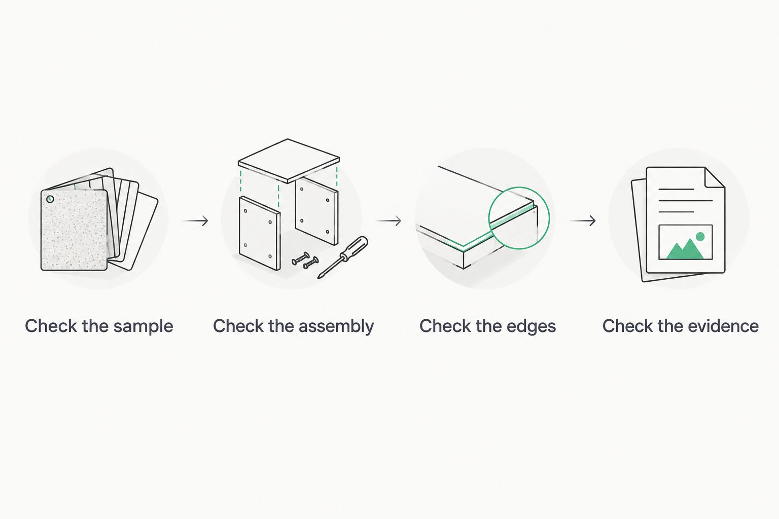 Four checks covering the sample, mounting assembly, exposed edges, and product evidence
