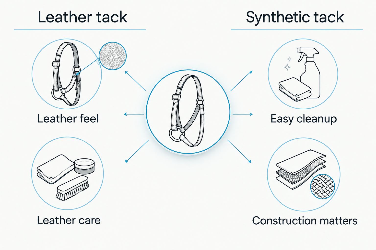 Leather and synthetic tack compared by feel, care, cleanup, and construction