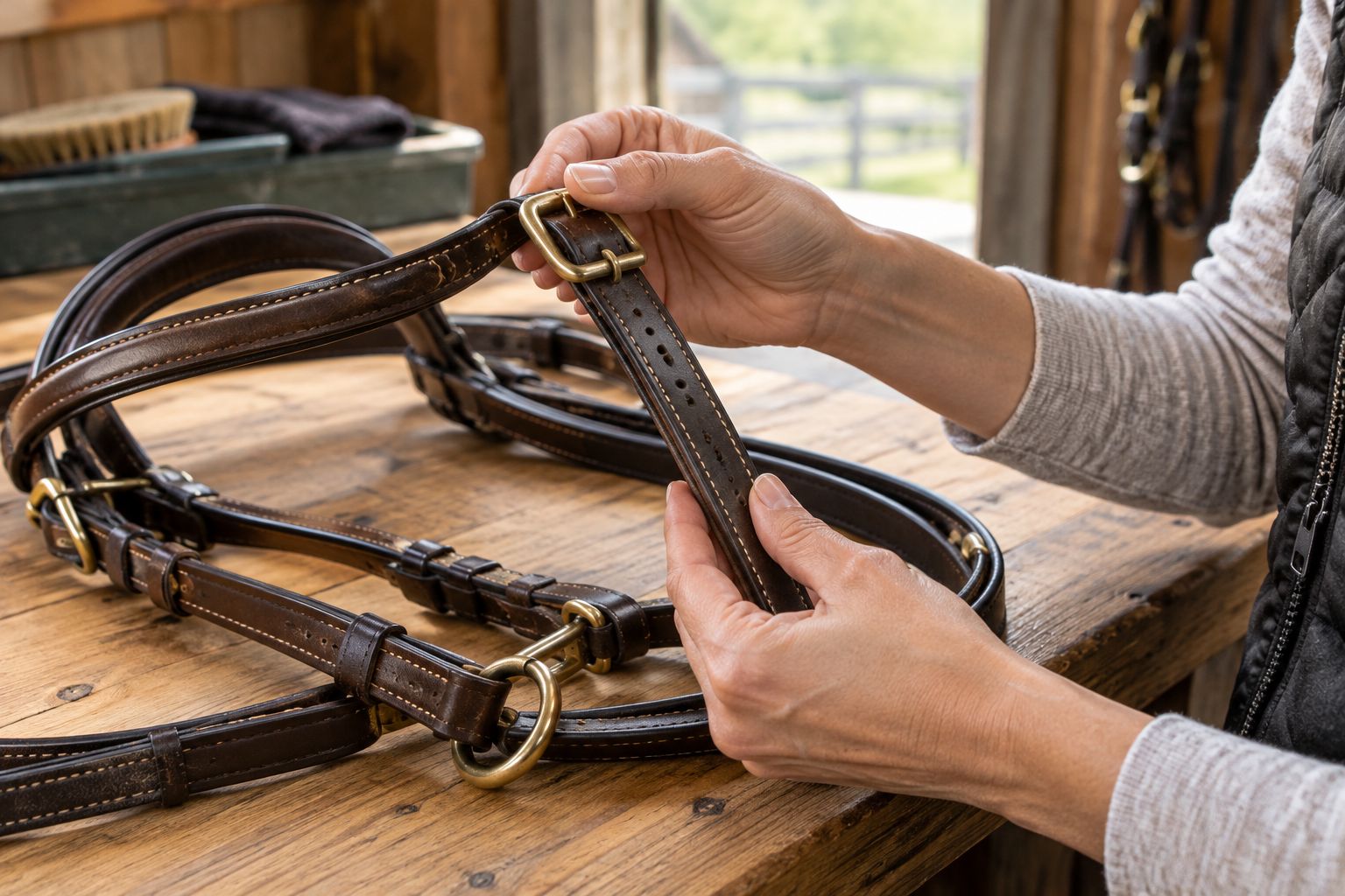 Hands checking buckle holes and stitching on a bridle laid across a tack-room bench