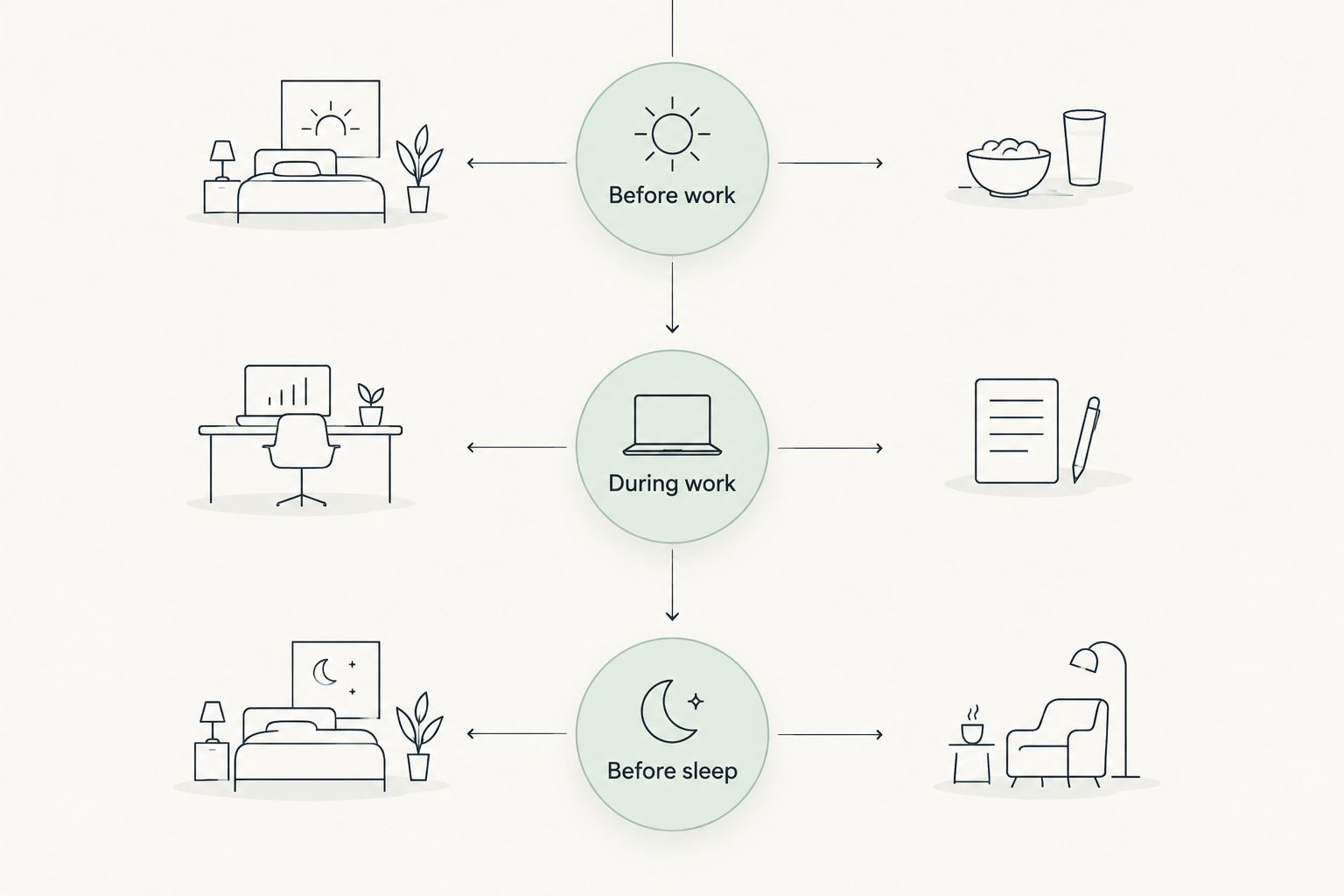 Three routine checkpoints organized around work and sleep rather than the time on a clock.