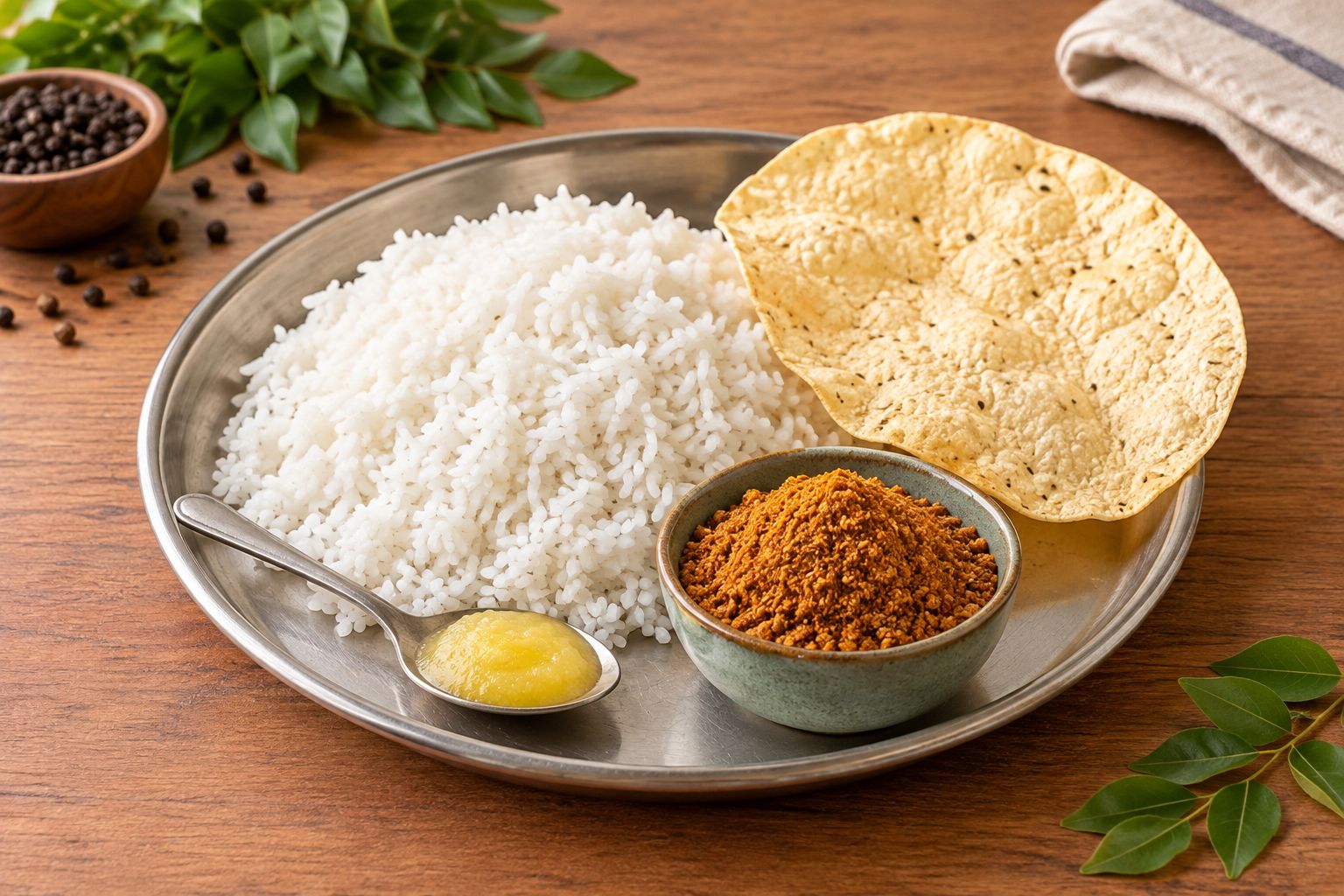 Plate of rice with dry-roasted podi and a roasted papad on the side