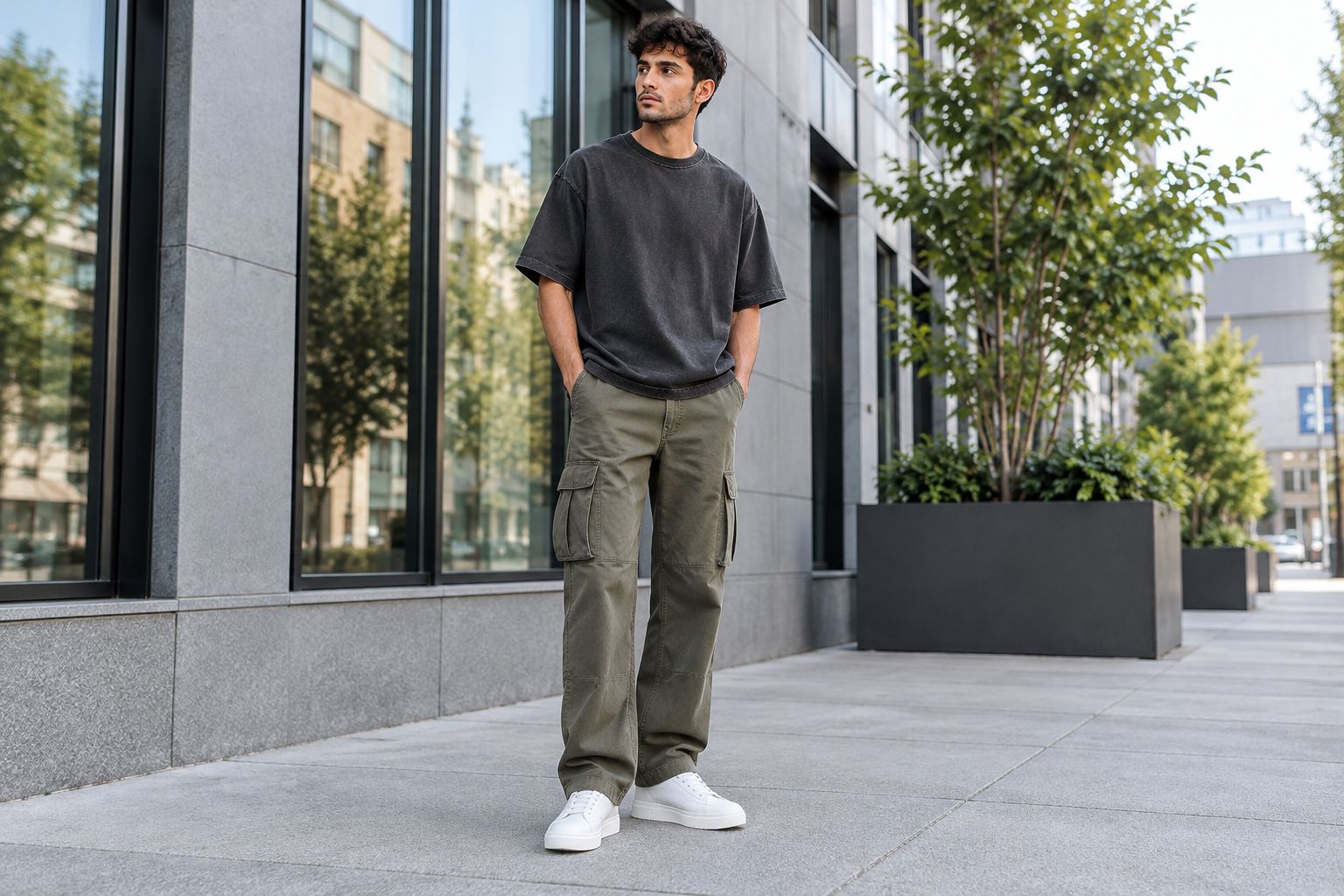 Straight-leg cargo pants styled with a washed boxy tee and sneakers