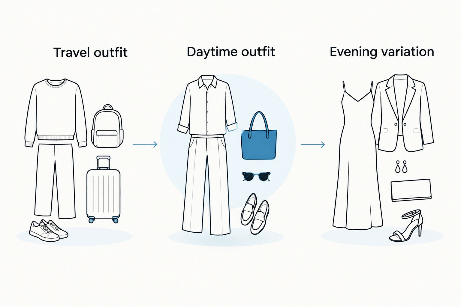 Three outfit checks for travel, daytime, and an evening variation