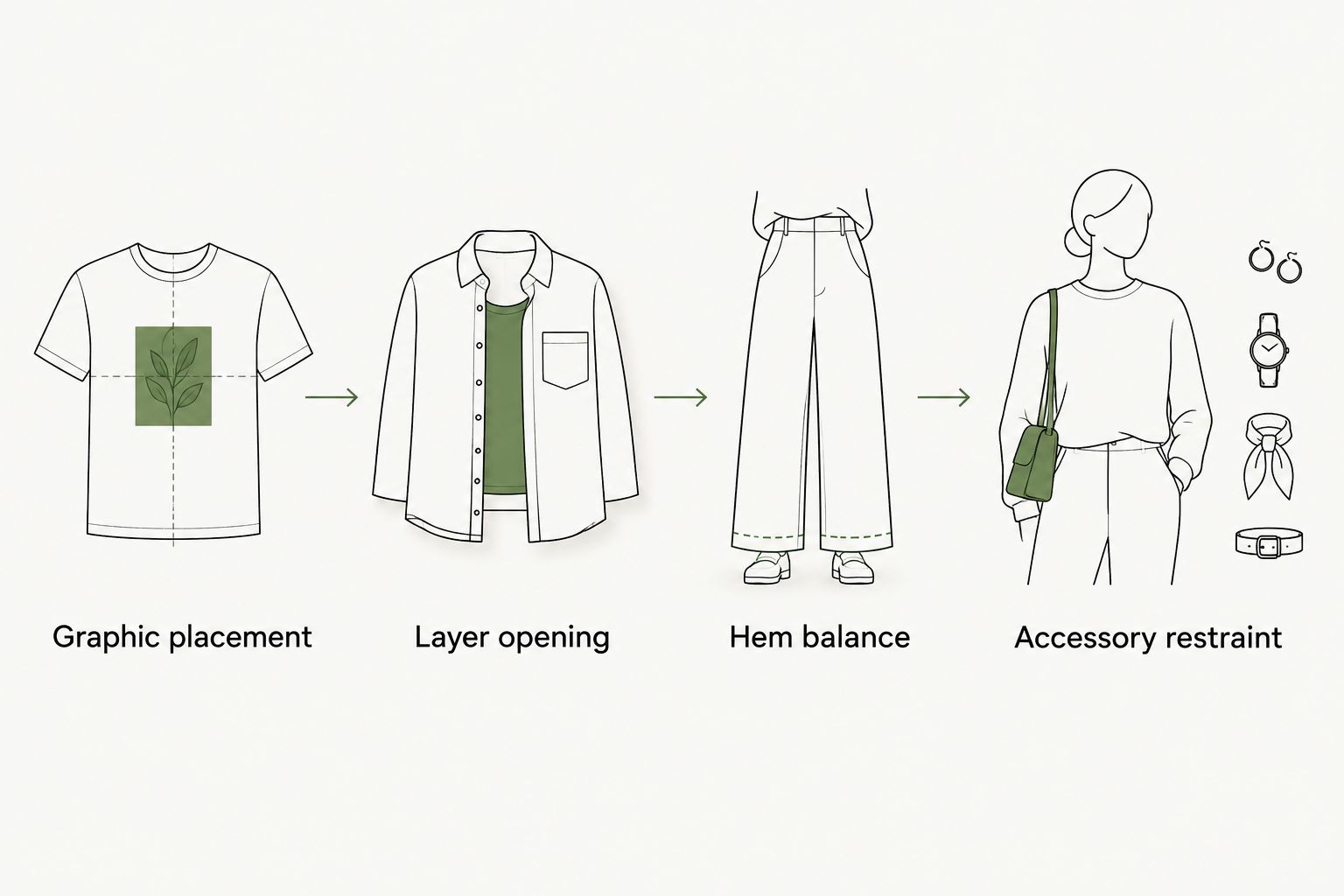 Four styling steps for keeping a black graphic tee visible beneath an outer layer