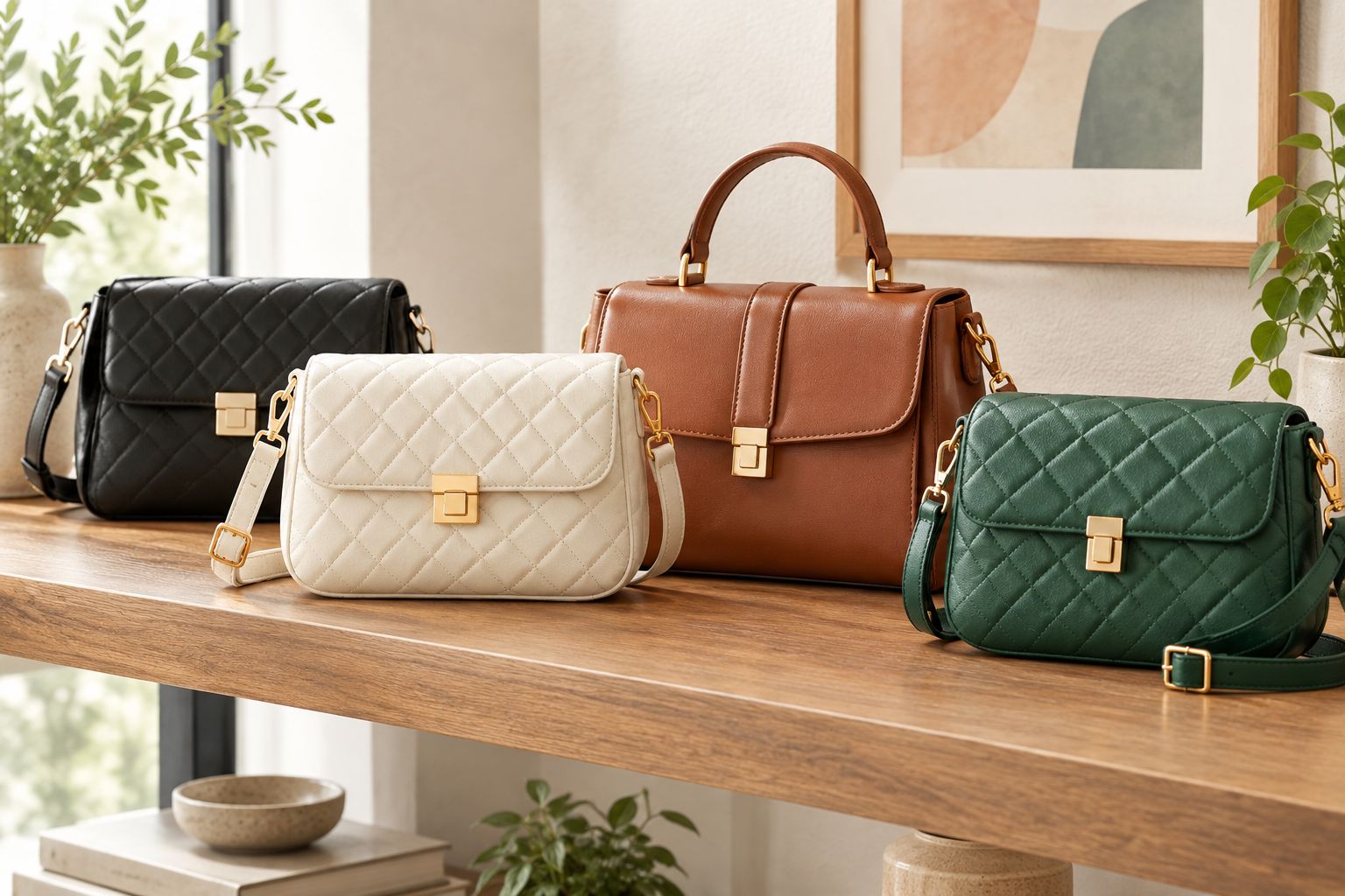 Quilted crossbody and structured satchel handbags displayed on a shelf