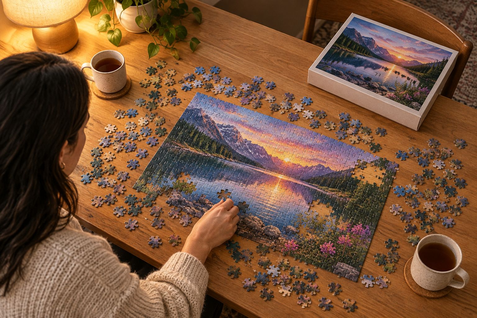 A partially completed jigsaw puzzle spread across a table during a family evening