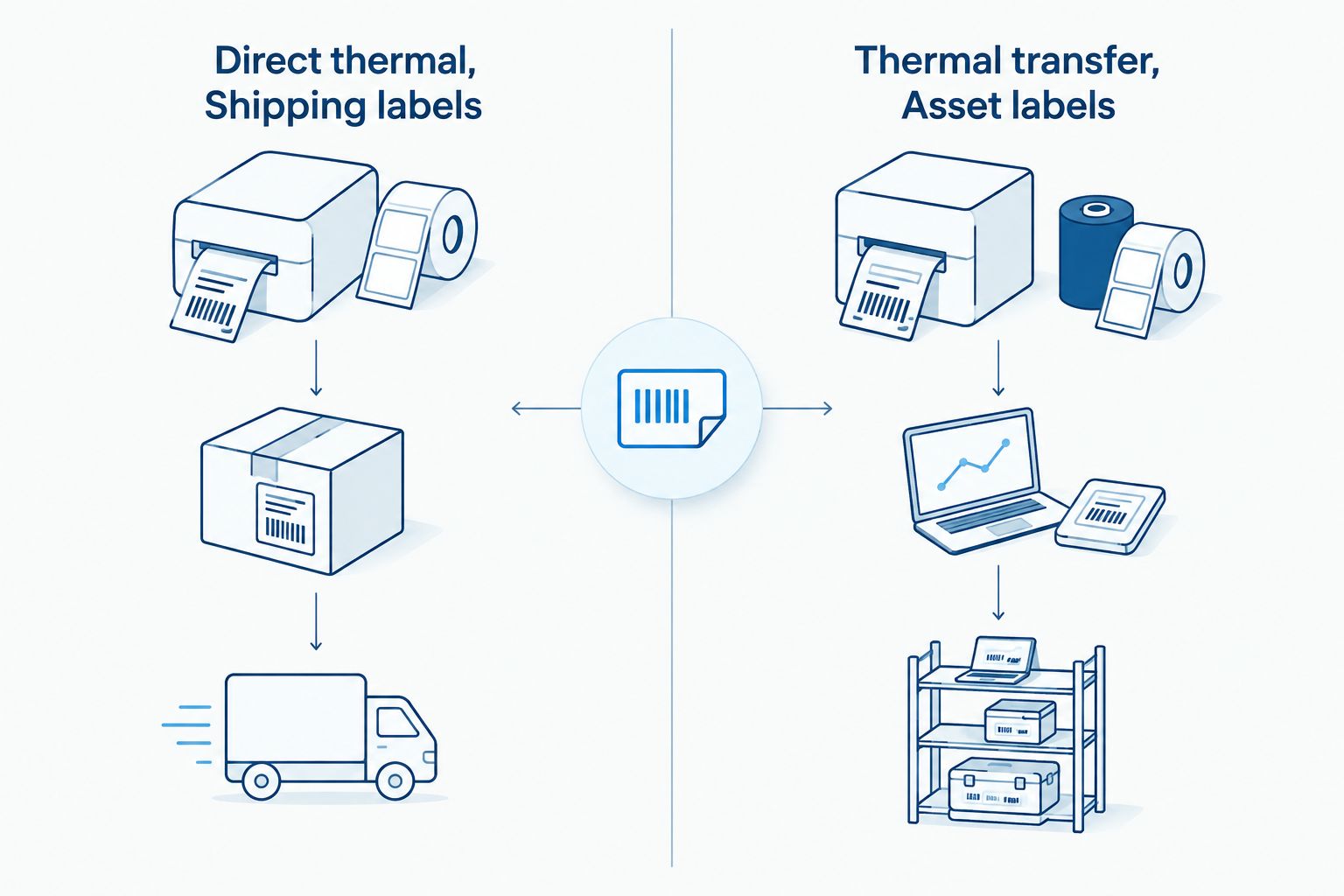 Two-column comparison of direct thermal shipping labels and thermal-transfer asset labels