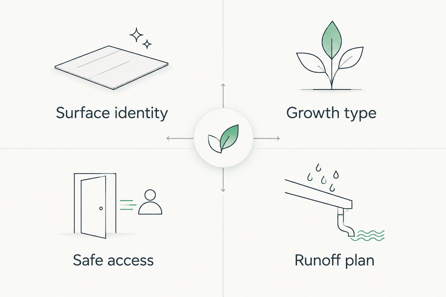 Four checks covering surface identity, visible growth, safe access, and runoff planning.