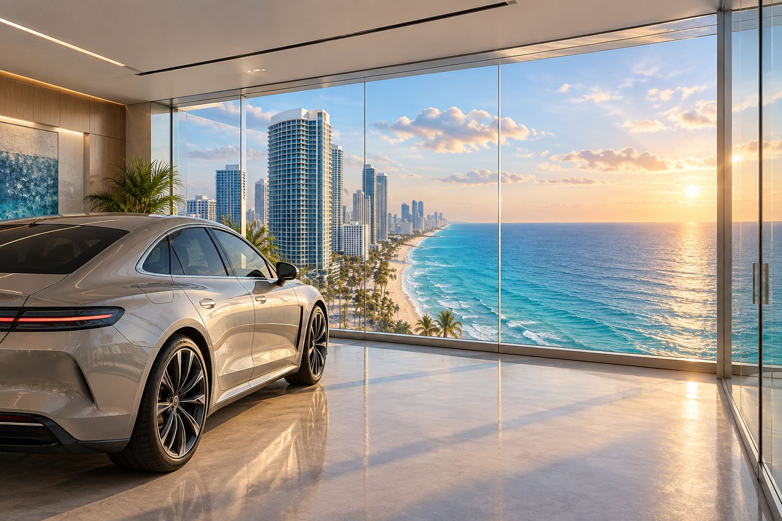Private glass garage inside an oceanfront high-rise residence
