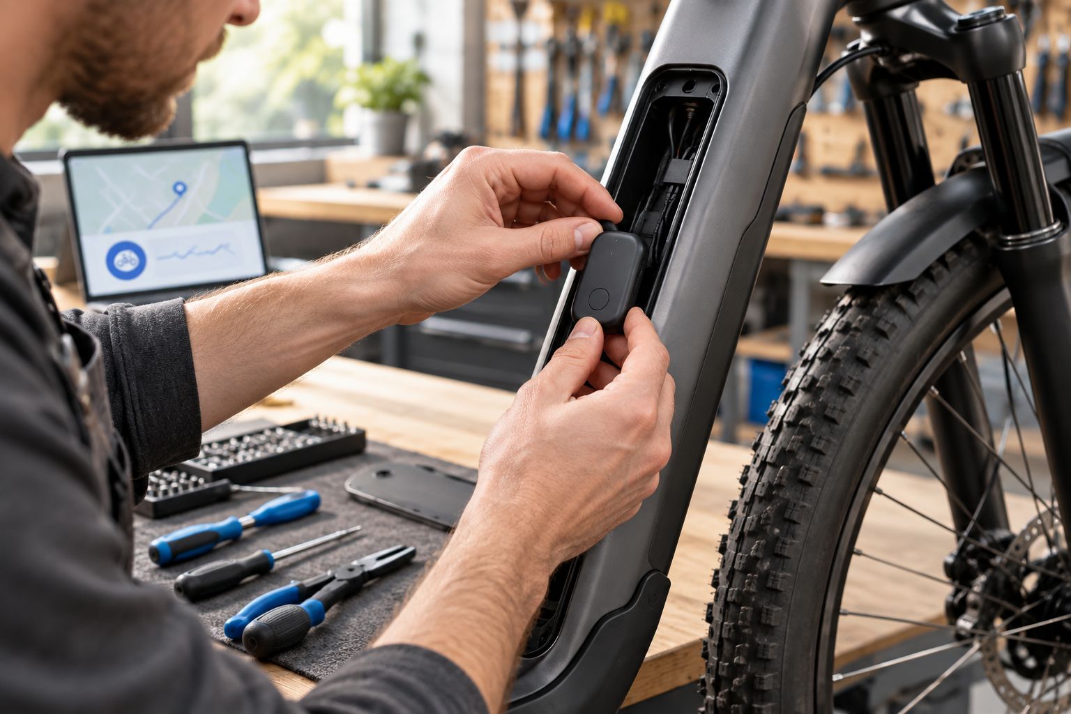 Monteur bevestigt een verborgen gps-tracker in het frame van een elektrische fiets