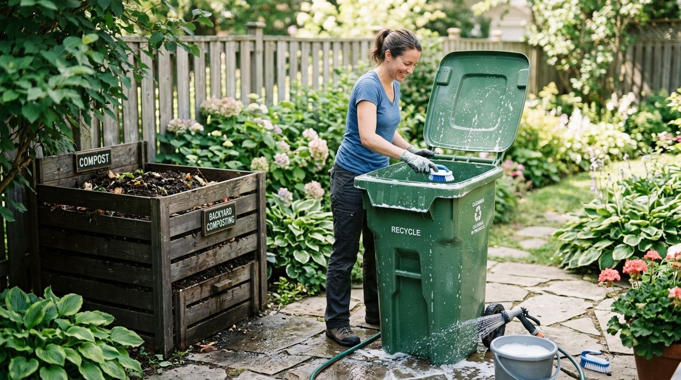 Trash bin cleaning for backyard compost bin households