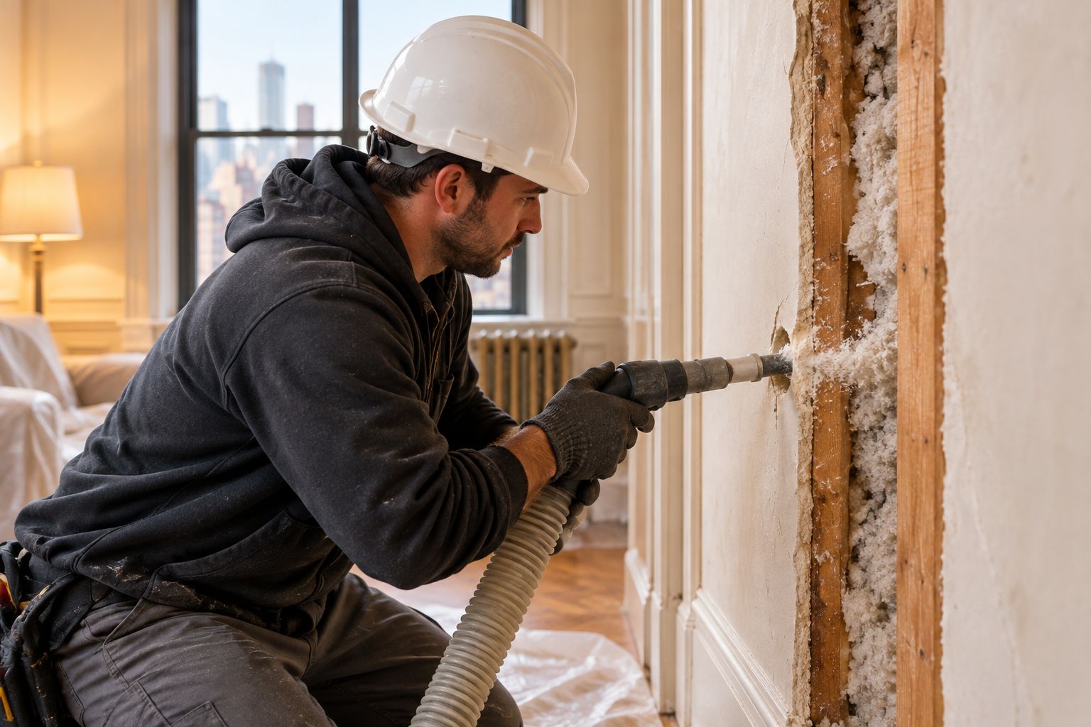 Technician injecting insulation into a pre-war apartment wall without removing plaster