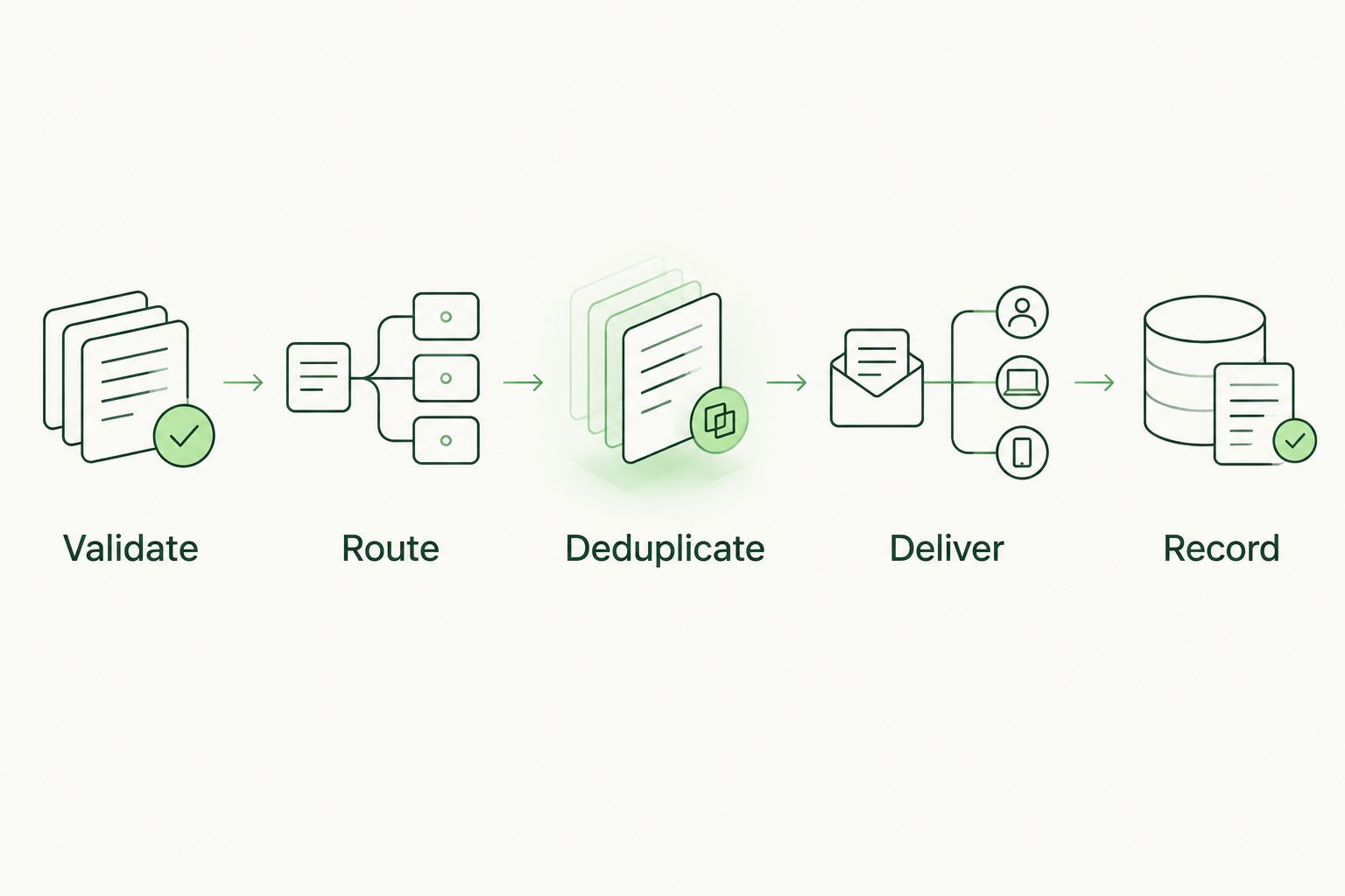 Event processing sequence from validation through recording successful delivery