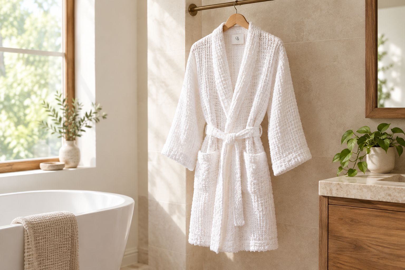 Waffle robe hanging freely from a rail in a quiet bathroom