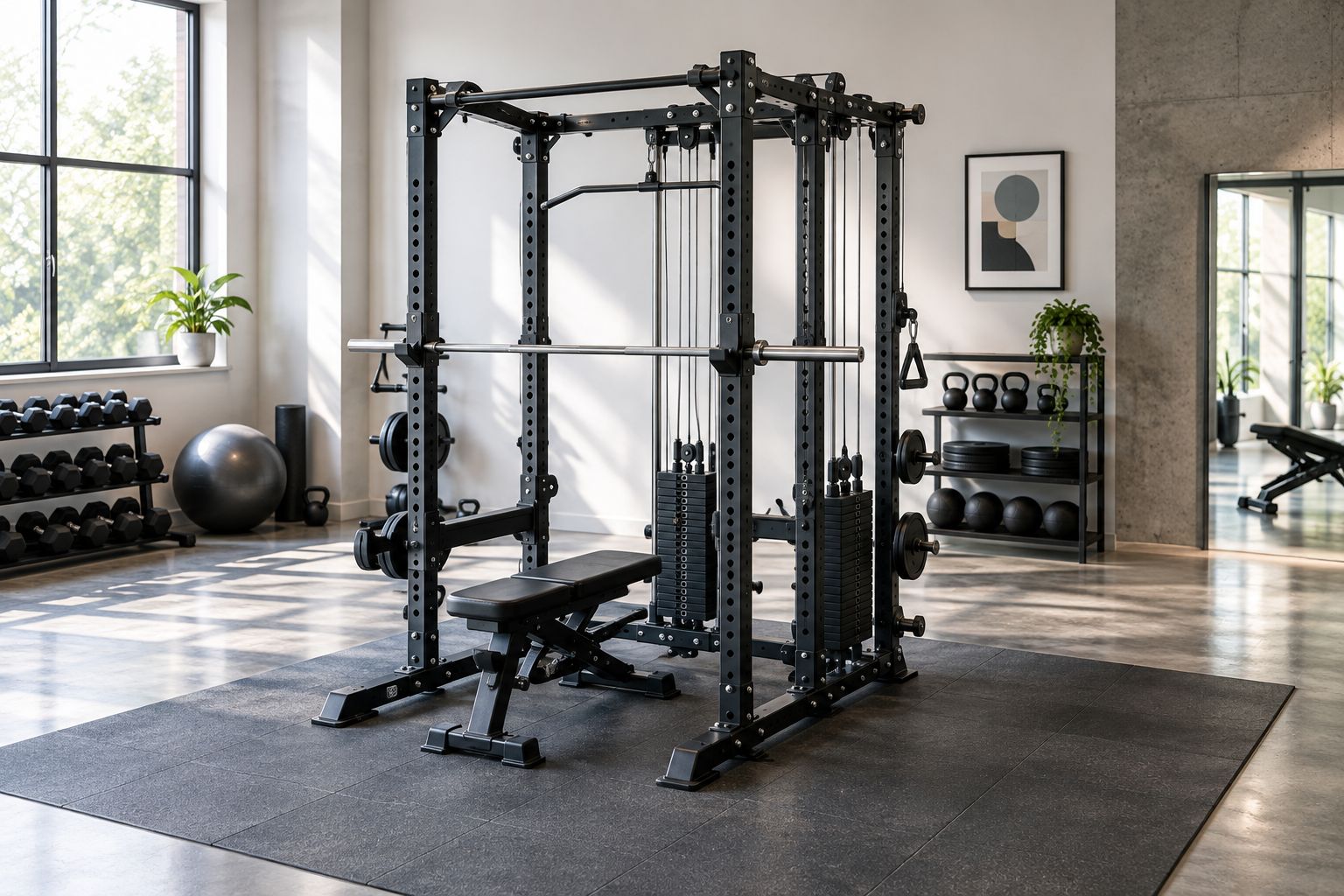 Kombigerät mit Rack und Kabelzug im Studio mit sichtbaren Zugangsflächen