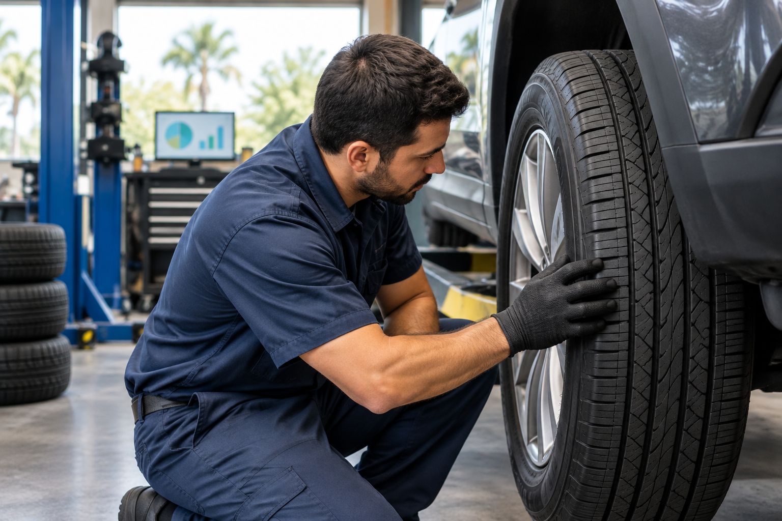 A gloved hand inspecting the tread of an unbranded car tire