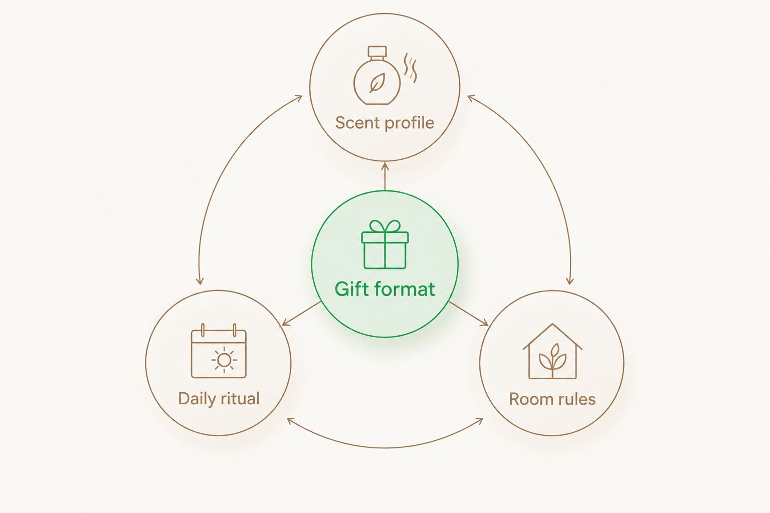 Gift selection diagram connecting format, scent profile, daily ritual, and room rules
